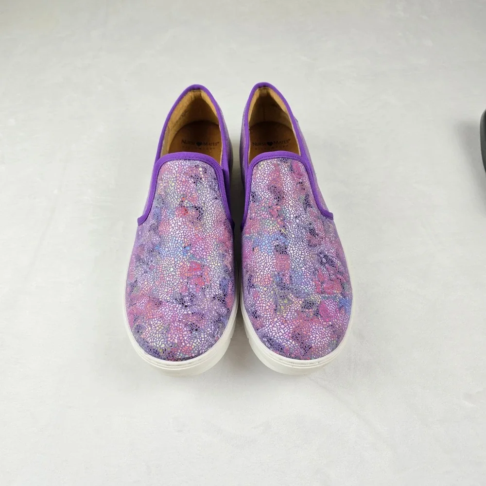 Nurse Mates Adela Slip On Shoes Womens 10M Purple Floral Print Pillowtop Comfort